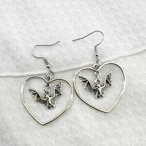 Silver Heart Bat Earrings, Cute Halloween Jewelry, Fall